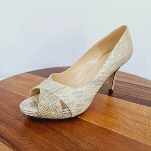 Kate Spade Heels 7.5 Billie Leather Peep Toe Textured Snake Cream Gold Metallic